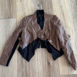 BCBGMaxAzria Brown and Black Cropped Leather Draped Jacket